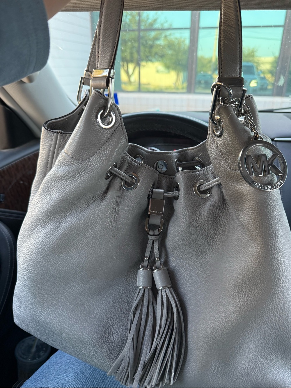 Michael Kors Gray Leather Drawstring Tote with Tassel